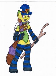 Size: 938x1280 | Tagged: dead source, safe, artist:fluffydusty, oc, oc only, oc:pumpkin witch emily, unicorn, semi-anthro, candy, candy corn, cape, clothes, collar, food, hat, socks, solo, staff, stockings, striped socks, thigh highs, traditional art, witch, witch hat