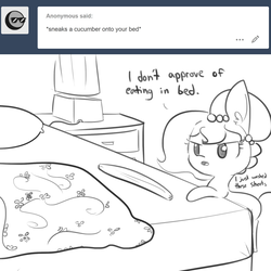 Size: 1650x1650 | Tagged: safe, artist:tjpones, oc, oc only, oc:brownie bun, earth pony, pony, horse wife, ask, bed, bedsheets, cucumber, ear fluff, female, food, grayscale, lamp, mare, monochrome, nightstand, pillow, simple background, solo, text, tumblr, unamused, white background
