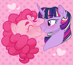 Size: 1024x914 | Tagged: safe, artist:frowoppy, pinkie pie, twilight sparkle, alicorn, earth pony, pony, g4, blushing, boop, curved horn, cute, eyes closed, female, heart, horn, lesbian, lidded eyes, mare, noseboop, nuzzling, ship:twinkie, shipping, smiling