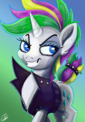 Size: 3541x5016 | Tagged: safe, artist:dinodraketakethecake, rarity, pony, unicorn, g4, it isn't the mane thing about you, absurd resolution, alternate hairstyle, clothes, female, gradient background, grin, mare, raripunk, smiling, smirk, solo