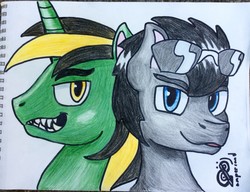 Size: 1280x985 | Tagged: safe, artist:andandampersand, oc, oc only, oc:axel, oc:stage manager, pony, unicorn, bust, portrait, sharp teeth, signature, simple background, sunglasses, teeth, traditional art