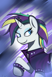 Size: 2000x3000 | Tagged: safe, artist:wilshirewolf, rarity, pony, unicorn, g4, it isn't the mane thing about you, abstract background, alternate hairstyle, clothes, female, high res, mare, raised hoof, raripunk, short hair, smiling, solo