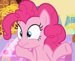 Size: 735x596 | Tagged: safe, edit, edited screencap, screencap, pinkie pie, earth pony, pony, g4, it isn't the mane thing about you, :t, female, mare, shrug, silly string, solo