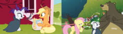 Size: 3840x1080 | Tagged: safe, screencap, applejack, fluttershy, harry, rarity, bear, bird, earth pony, mouse, pegasus, pony, squirrel, unicorn, woodpecker, g4, it isn't the mane thing about you