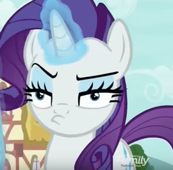 Size: 424x416 | Tagged: safe, screencap, rarity, pony, unicorn, g4, it isn't the mane thing about you, discovery family logo, faic, female, mare, rarity is not amused, solo, unamused