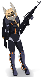 Size: 850x1550 | Tagged: safe, artist:replica, oc, oc only, oc:prototyp, bat pony, anthro, bodysuit, braid, clothes, female, gun, jetpack, leotard, looking at you, rifle, socks, solo, thigh highs, weapon