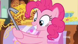 Size: 1915x1078 | Tagged: safe, screencap, pinkie pie, earth pony, pony, g4, it isn't the mane thing about you, crowbar, eyes on the prize, female, grin, hoof hold, mare, reference in the description, smiling, solo, squee