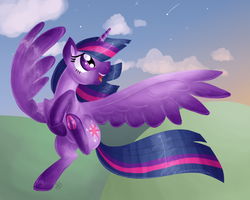 Size: 1000x800 | Tagged: safe, artist:sallindaemon, twilight sparkle, alicorn, pony, g4, female, flying, mare, open mouth, sky, smiling, solo, twilight sparkle (alicorn)