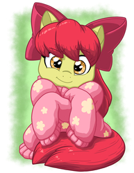 Size: 2550x3300 | Tagged: safe, artist:latecustomer, apple bloom, earth pony, pony, g4, adorabloom, apple bloom's bow, bow, clothes, cute, female, filly, hair bow, high res, hnnng, looking at you, oversized clothes, smiling, smiling at you, solo, sweater