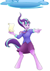 Size: 877x1240 | Tagged: safe, artist:alixnight, starlight glimmer, anthro, unguligrade anthro, g4, the cutie re-mark, clothes, female, necktie, pointing, scene interpretation, scroll, shirt, simple background, skirt, solo, white background