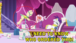 Size: 1366x768 | Tagged: safe, edit, edited screencap, screencap, rarity, pony, unicorn, g4, it isn't the mane thing about you, caption, carousel boutique, clothes, fainting couch, female, food, ice cream, mannequin, mare, robe, solo