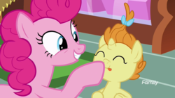 Size: 1920x1080 | Tagged: safe, screencap, pinkie pie, pumpkin cake, g4, it isn't the mane thing about you, :p, boop, cute, discovery family logo, eyes closed, grin, nose wrinkle, smiling, squee, tongue out
