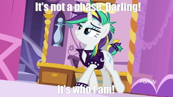Size: 1920x1080 | Tagged: safe, edit, edited screencap, screencap, rarity, pony, unicorn, g4, it isn't the mane thing about you, alternate hairstyle, caption, darling, female, image macro, it's a phase, it's not a phase, mare, meme, mohawk, raripunk, solo