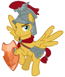 Size: 2700x3200 | Tagged: safe, artist:cheezedoodle96, flash magnus, pegasus, pony, campfire tales, g4, .svg available, armor, flying, helmet, high res, lidded eyes, looking at you, male, netitus, royal legion, shield, simple background, smiling, solo, stallion, svg, torn wings, transparent background, vector