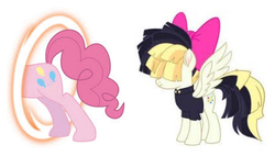 Size: 846x480 | Tagged: safe, pinkie pie, songbird serenade, earth pony, pegasus, pony, g4, my little pony: the movie, bow, eye, female, mare, now you're thinking with portals, portal