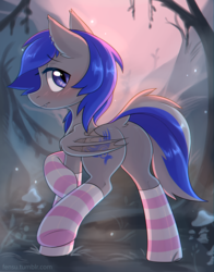Size: 1928x2460 | Tagged: safe, artist:fensu-san, oc, oc only, oc:moonslurps(old version), bat pony, pony, blushing, butt, clothes, fangs, featureless crotch, looking at you, male, piercing, plot, socks, solo, striped socks