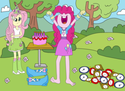 Size: 2337x1700 | Tagged: safe, artist:equestriaguy637, fluttershy, pinkie pie, equestria girls, g4, happy birthday to you!, barefoot, cake, clock, clothes, equestria girls interpretation, feet, food, grass, happy, nose in the air, open mouth, scene interpretation, shoes, shoes off, shoes removed, silly human, skirt, smiling, socks, striped socks, tank top, uvula, volumetric mouth