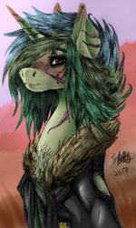 Size: 2296x3838 | Tagged: safe, artist:brainiac, oc, oc only, oc:piper, pony, unicorn, fallout equestria, blushing, bomber jacket, chest fluff, clothes, female, high res, patch, raider, scar, screws, shirt, solo, wing holes