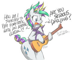 Size: 1000x794 | Tagged: safe, artist:flutterthrash, rarity, unicorn, semi-anthro, g4, honest apple, it isn't the mane thing about you, season 7, acoustic guitar, alternate hairstyle, arm hooves, bad guitar anatomy, crossing the memes, dialogue, female, guitar, guitarity, musical instrument, raripunk, simple background, solo, tail band, tail bracelet, white background