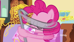 Size: 1920x1080 | Tagged: safe, screencap, pinkie pie, earth pony, pony, g4, it isn't the mane thing about you, crowbar, eyes closed, female, grin, hoof hold, mare, motion, motion lines, smiling, solo