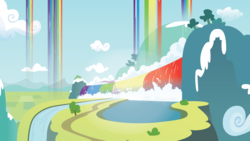 Size: 7680x4320 | Tagged: safe, artist:craftybrony, g4, sleepless in ponyville, absurd resolution, background, cloud, flag, gazebo, grass, mountain, no pony, rainbow waterfall, scenery, sky, tree, vector, water, waterfall, winsome falls