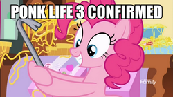 Size: 888x500 | Tagged: safe, edit, edited screencap, screencap, pinkie pie, earth pony, pony, g4, it isn't the mane thing about you, crowbar, female, grin, half life 3, hoof hold, image macro, mare, meme, ponk, smiling, solo