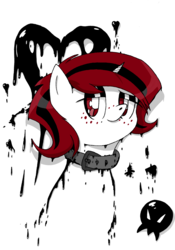Size: 1080x1539 | Tagged: safe, artist:megamartex, oc, oc only, oc:lilith, pony, succubus, succubus pony, unicorn, collar, digital art, female, freckles, ink, ink demon, ink drips, ink hearts, lower body gone, mare, my second post, red eyes, shading fail, shading practice, skull, solo, splatter, succubus oc