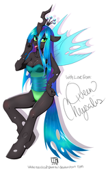 Size: 949x1500 | Tagged: source needed, safe, artist:nauticalsparrow, queen chrysalis, changeling, anthro, unguligrade anthro, g4, devil horn (gesture), female, hand on hip, simple background, solo, tongue out, white background