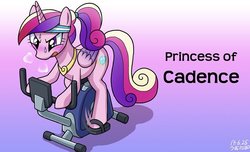 Size: 766x465 | Tagged: safe, artist:uotapo, princess cadance, alicorn, pony, g4, bicycle, blushing, exercise, exercise bike, female, mare, ponytail, pun, snorting, solo, spinning, sweat, teen princess cadance, visual pun, workout