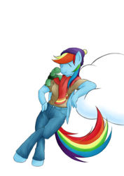 Size: 877x1240 | Tagged: safe, artist:alixnight, rainbow dash, tank, anthro, unguligrade anthro, g4, tanks for the memories, boop, clothes, cloud, eyes closed, female, hand on hip, hat, jeans, leaning, noseboop, pants, scarf, simple background, smiling, solo, white background, winter hat