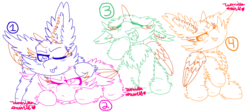 Size: 1024x458 | Tagged: safe, artist:vanillaswirl6, pony, :<, :p, annoyed, cheek fluff, chest fluff, chibi, cute, drool, ear fluff, eyes closed, fluffy, group, hoof fluff, lineart, looking at each other, one eye closed, open mouth, prone, quartet, raised hoof, sharp teeth, signature, simple background, sitting, teeth, tired, tongue out, white background, wink, yawn, your character here