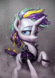 Size: 850x1200 | Tagged: safe, artist:assasinmonkey, rarity, pony, unicorn, g4, it isn't the mane thing about you, alternate hairstyle, clothes, digital painting, female, mare, raised hoof, raripunk, short hair, solo