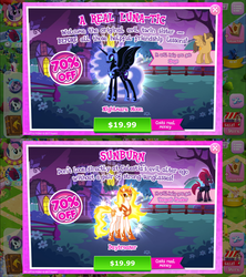 Size: 1334x1500 | Tagged: safe, gameloft, daybreaker, hoops, nightmare moon, tempest shadow, alicorn, pony, g4, my little pony: the movie, advertisement, catasterism, costs real money, crack is cheaper, error, ethereal mane, female, fire, game screencap, introduction card, mane of fire, mare, missing wing, pun, starry mane, wingless