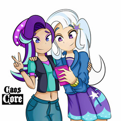 Size: 750x750 | Tagged: safe, artist:caoscore, starlight glimmer, trixie, equestria girls, equestria girls specials, g4, my little pony equestria girls: mirror magic, beanie, belly button, cellphone, clothes, eyeshadow, female, friends, hat, hoodie, human coloration, lesbian, makeup, midriff, peace sign, phone, selfie, ship:startrix, shipping, short shirt, simple background, skirt, smiling, white background