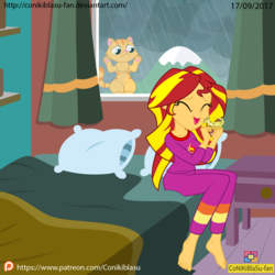 Size: 1367x1367 | Tagged: safe, artist:conikiblasu-fan, ray, sunset shimmer, cat, gecko, leopard gecko, eqg summertime shorts, equestria girls, g4, monday blues, pet project, barefoot, bed, clothes, cute, eyes closed, feet, open mouth, pajamas, patreon, patreon logo, pet, sad, shimmerbetes, stray, sunset's apartment, window