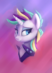 Size: 1862x2621 | Tagged: safe, artist:lilfunkman, rarity, pony, unicorn, g4, it isn't the mane thing about you, abstract background, alternate hairstyle, bust, clothes, eyeshadow, female, makeup, mare, portrait, raripunk, short hair, smiling, solo