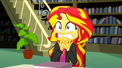 Size: 1136x640 | Tagged: safe, screencap, sunset shimmer, epic fails, equestria girls, g4, my little pony equestria girls: summertime shorts, book, library, plant, scared, stairs, sunset shimmer is best facemaker, teeth