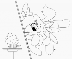 Size: 1280x1038 | Tagged: safe, artist:pabbley, derpy hooves, pony, g4, 30 minute art challenge, crash, cute, derpabetes, female, flying, food, monochrome, muffin, solo