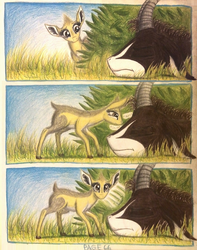Size: 1068x1352 | Tagged: safe, artist:thefriendlyelephant, oc, oc only, oc:kekere, oc:sabe, antelope, dik dik, giant sable antelope, comic:sable story, africa, animal in mlp form, bush, cloven hooves, cute, fluffy, grass, horns, shrub, sniffing, traditional art, unconscious