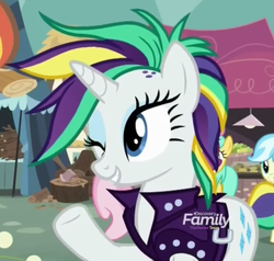 Size: 736x700 | Tagged: safe, screencap, rarity, pony, unicorn, g4, it isn't the mane thing about you, alternate hairstyle, cropped, discovery family logo, female, mare, one eye closed, raripunk, wink