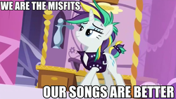 Size: 958x540 | Tagged: safe, edit, edited screencap, screencap, rarity, pony, unicorn, g4, it isn't the mane thing about you, alternate hairstyle, female, image macro, jem, jem and the holograms, mare, meme, raripunk, solo, the misfits