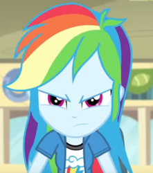 Size: 362x410 | Tagged: safe, screencap, rainbow dash, equestria girls, g4, my little pony equestria girls: rainbow rocks, angry, canteen, canterlot high, clothes, cropped, female, looking at you, pinkie in the one, shorts, solo