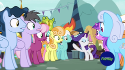 Size: 1920x1080 | Tagged: safe, screencap, aloe, amethyst star, cheerilee, high note, junebug, linky, rainbow swoop, rarity, shoeshine, sparkler, spectrum, time flies, earth pony, pegasus, pony, unicorn, g4, it isn't the mane thing about you, discovery family logo, female, folded wings, hair flip, male, mare, open mouth, stallion, standing, wings