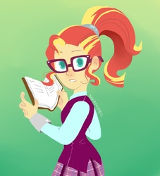 Size: 1000x1100 | Tagged: safe, artist:norman5452, sunset shimmer, equestria girls, g4, alternate hairstyle, alternate universe, book, clothes, clothes swap, crystal prep academy uniform, cute, female, glasses, looking at you, nerd, ponytail, school uniform, shimmerbetes, solo, sunspecs shimmer