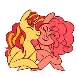 Size: 600x600 | Tagged: safe, artist:lapis, pinkie pie, sunset shimmer, earth pony, pony, unicorn, g4, cheek kiss, eyes closed, female, kissing, lesbian, lying, mare, ship:sunsetpie, shipping, smiling, snuggling