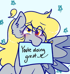 Size: 1170x1233 | Tagged: safe, artist:inspirationalponies, derpy hooves, pegasus, pony, g4, alternate hairstyle, blushing, ear fluff, female, inspiration, mare, motivational, mouth hold, positive ponies, solo, spread wings, wings