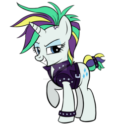 Size: 1024x1092 | Tagged: safe, artist:legenddestroye, rarity, pony, unicorn, g4, it isn't the mane thing about you, alternate hairstyle, female, mare, raised hoof, raripunk, simple background, solo, spiked wristband, transparent background, watermark, wristband