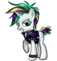 Size: 1024x1092 | Tagged: safe, artist:legenddestroye, rarity, pony, unicorn, g4, it isn't the mane thing about you, alternate hairstyle, female, mare, raised hoof, raripunk, simple background, solo, spiked wristband, transparent background, watermark, wristband