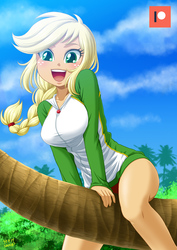 Size: 707x1000 | Tagged: safe, artist:uotapo, applejack, equestria girls, adorasexy, bikini, breasts, busty applejack, clothes, cloud, cute, female, happy, incest in the paywall, jackabetes, looking at you, patreon, patreon logo, sexy, solo, swimsuit, tree, uotapo is trying to murder us