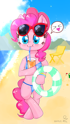 Size: 743x1320 | Tagged: safe, artist:yunyeyoung, pinkie pie, pony, g4, beach, bipedal, drink, female, inner tube, solo, straw, sunglasses